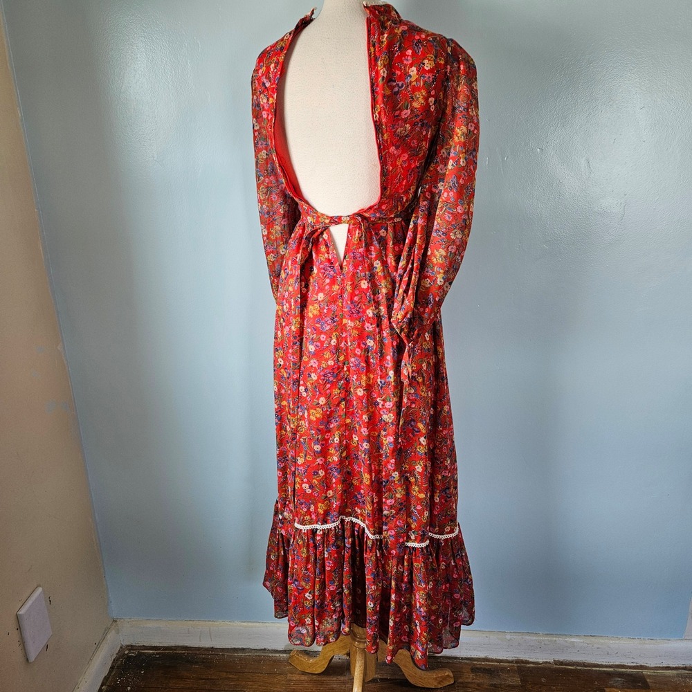 Vintage Candi Jones California Red Floral Prairie Maxi Dress Lace Up Boho 70s 5 - Picture 5 of 8